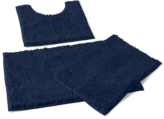 LuxUrux 3-Piece Bathroom Rug Set – Plush Chenille Bath Mats & U-Shaped Toilet Mat, Ultra-Soft, Absorbent & Non-Slip (20x20 U, 16x24 & 20x30 inches, Navy)