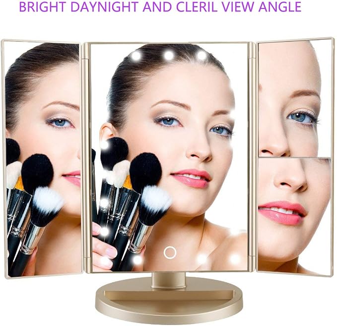 Flymiro Tri-fold Lighted Vanity Makeup Mirror with 3x/2x/1x Magnification, 21Leds Light and Touch Screen,180 Degree Free Rotation Countertop Cosmetic Mirror,Travel Makeup Mirror (Gold)