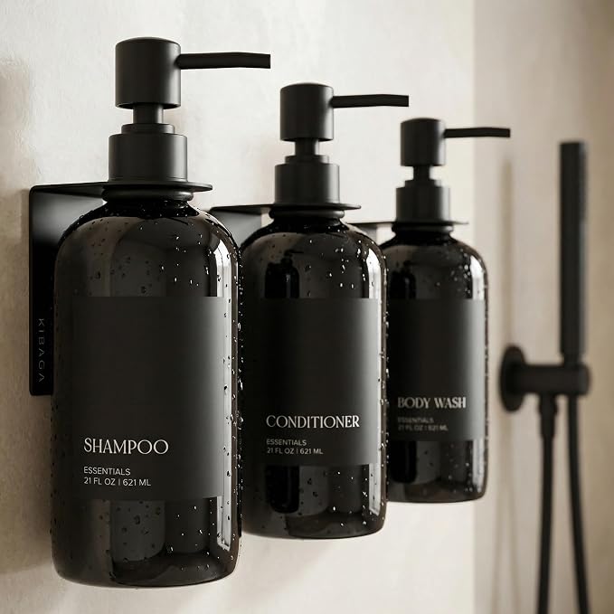 Stylish Shampoo & Conditioner Dispenser Set of 3 - Wall Mount, Drill Free | Modern 21oz Shower Soap Bottles with Labels - Easy Refill Body Wash Dispensers for an Instant Bathroom Decor Upgrade