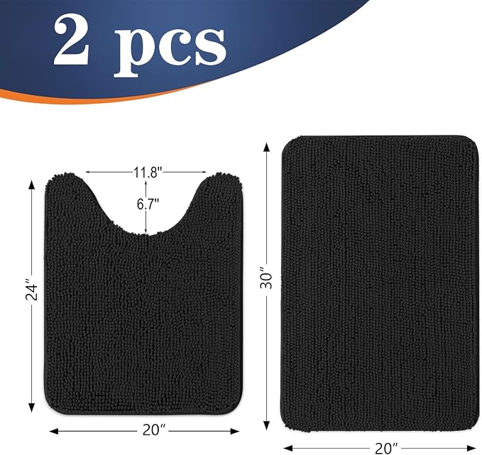 OLANLY Chenille Bathroom Rugs Mats Sets 2 Piece, 30"x20"+24"x20", Black | Soft Absorbent Bath Mat and U-Shaped Contour Toilet Rug Set, Quick Dry, Machine Washable Bath Carpet, Home Decor Accessories
