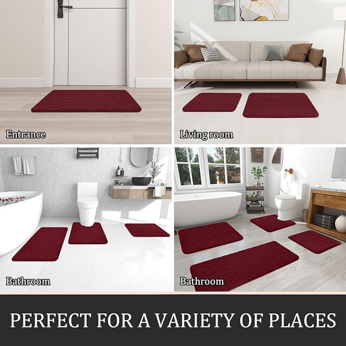 YIHOUSE Bathroom Rugs Mat Set, Memory Foam Bath Mat 2 Piece Red | 17x24&20x32, Non Slip, Water Absorbent, Washable, Bath Mat For Bathroom, Sink and Toilet