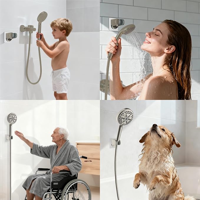 Hibbent Showerhead Holder, Strong Adhesive and Waterproof Handheld Shower Holder & Bracket, Height Adjustable Shower Wand Holder, Wall Mount, No Drilling, Brushed Nickle