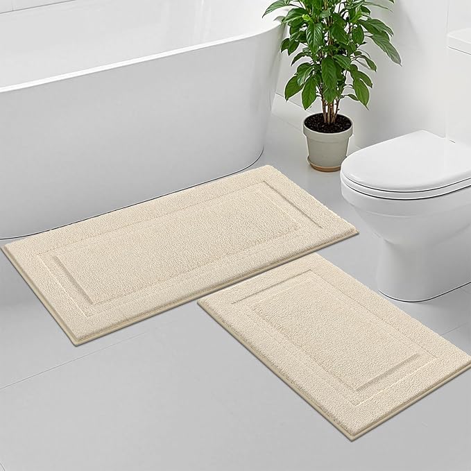 SHACOS Soft Microfiber Bathroom Rugs Set of 2 Pieces, Light Beige | 47x20 + 32x20, Absorbent Plush Bath Rugs, Non Slip Washable Shaggy Bath Mats, Fluffy Bathroom Runner Floor Mats Shower Rug