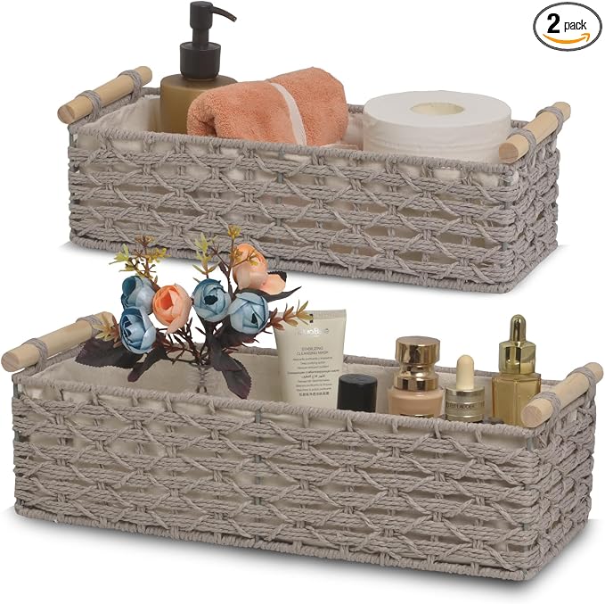 Toilet Paper Baskets for Organizing[2 pack],Paper Rope Wicker Storage Basket with Handle, Bathroom Basket for Bedroom, Nursery, Living Room.(grey)