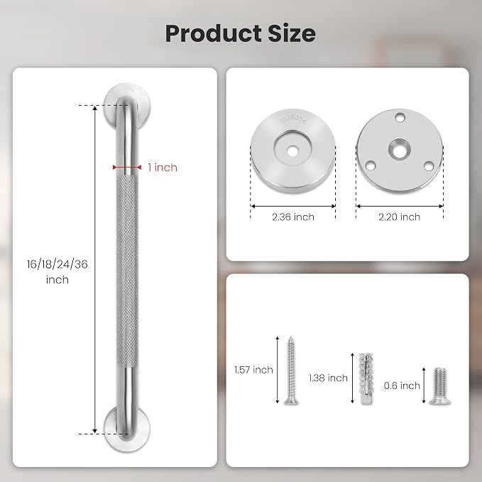 MrHAND Knurled Brushed Stainless Steel Grab Bars for Shower,2 Pack 16 Inch | SUS304,Stain Finish,Sturdy & Stable Handicap Grab Bars,Wall Mounted Shower Grab Bars,Safety Hand Rails,ADA Compliant