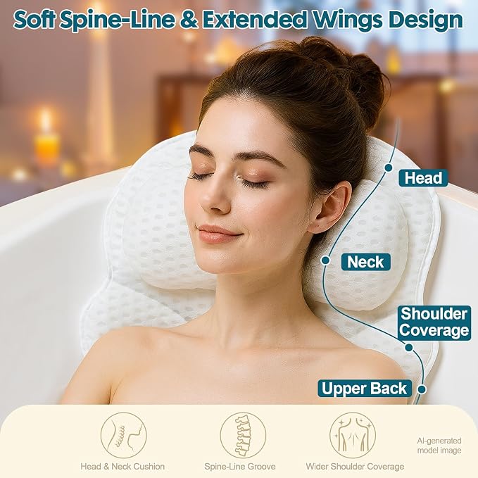 Bath Pillows for Tub, Bathtub Pillow for Head & Neck, Spine-Line Groove | Extended Wings | Spine-Line Groove | Extra Thick Headrest | Quick-Dry 4D Air Mesh | 6 Non-Slip Suction Cups | Laundry Bag