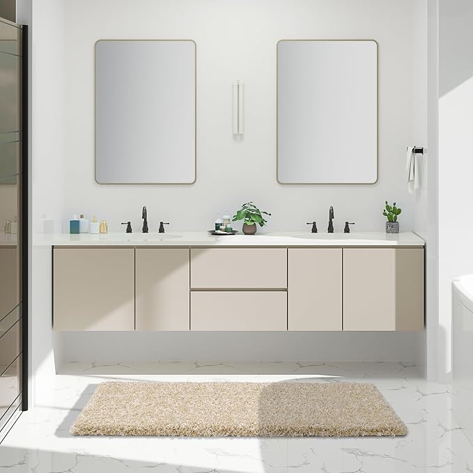 Yimobra Luxury Bathroom Rugs, Fluffy Bath Mats, Non Slip, Water Absorbent Microfiber, Machine Washable, Plush Runner Shower Rugs, Thick Matts for Bathroom Floor/Tub, 60" X 24", Light Beige and White