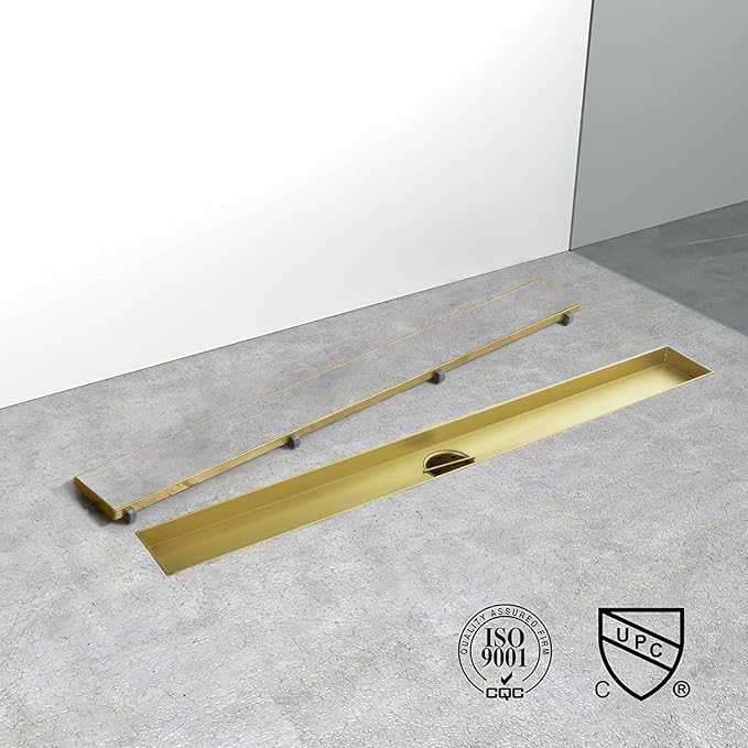 Linear Shower Drain, 28 inch Gold Drain with Tile Insert 2-in-1 Panel, Brushed 304 Stainless Steel Gold Shower Floor Drain, Linear Drain with Hair Strainer and Adjustable Feet