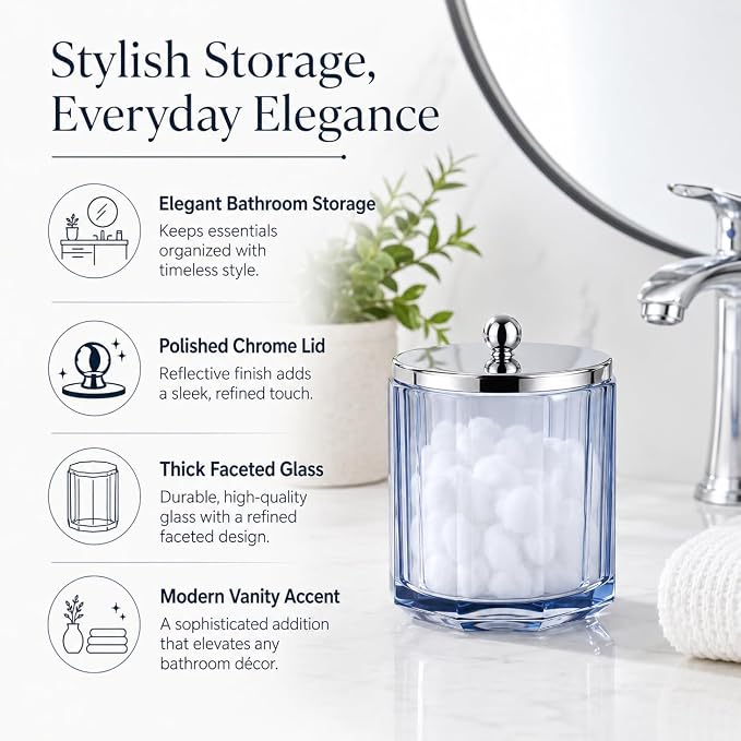 Light Blue Translucent Apothecary Octagional Shaped Glass Canister Jar With Metal Lid Cover for Bathroom Organization, Cotton Balls, Q Tips, and Small Accessories, Bathroom Storage