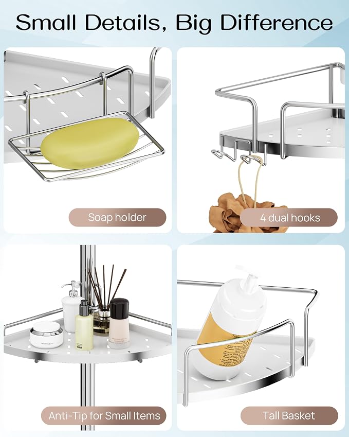 ALLZONE Corner Shower Caddy Tension Pole, 4 Hang-On Basket with Mixed-Height Shelves for Various Bottle Sizes, Extra Hooks & Soap Holder, Rustproof Stainless Steel, Fits 34–116 Inch, Silver/White