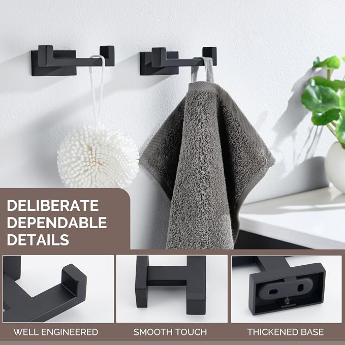 Angle Simple Bathroom Towel Hooks, SUS304 Stainless Steel Shower Double Robe Coat Hooks for Wall, Matte Black, 2 Pack
