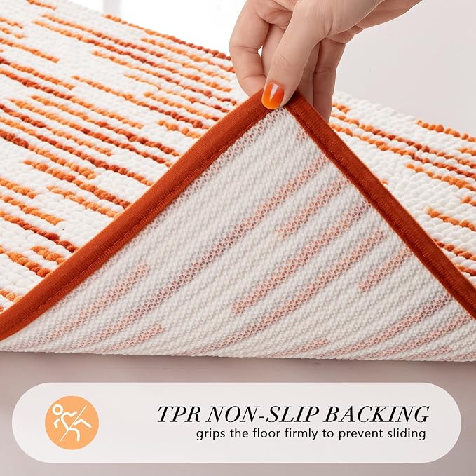 Bathroom Rugs Sets 2 Piece, Fall Bath Mat 20"x47"+20"x32", Orange | Loop Pile Chenille, Non Slip TPR Rubber Backing, Abstract Stripe, Soft Thick Absorbent Washable, Runner Rug for Bathroom
