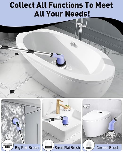 Electric Spin Scrubber for Bathroom, Shower Scrubber with Long Handle | Shower Cleaner Brushes, IPX7 Waterproof & 2 Speed, 8 Brush Heads, 90min Runtime, Bathroom Cleaning Supplies for Toilet Tub