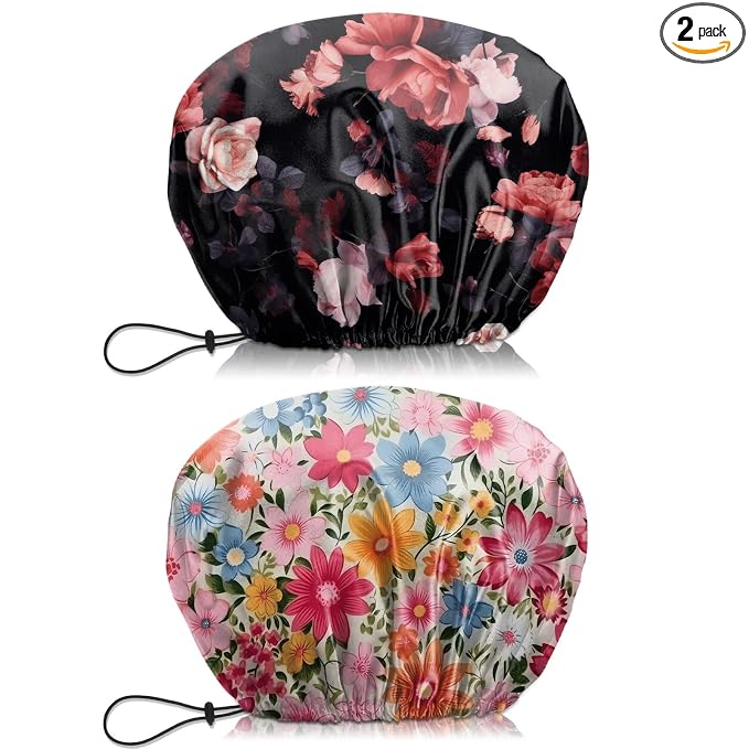 2 PCS Shower Cap Waterproof Double Layer Elastic Adjustable Reusable Hair Bath Caps for Girls Women Cute Aesthetic-Floral 1