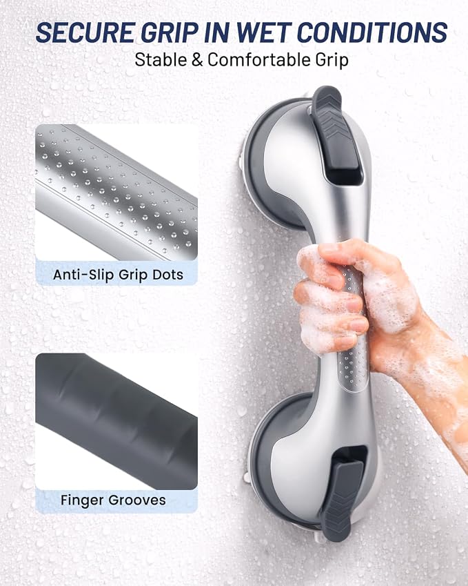 Gel-Enhanced Shower Grab Bars for Seniors and Elderly, Heavy Duty Suction Safety Bars for Bathtubs and Showers, No Drilling Removable Bathroom Handles for Tub and Shower Support, Silver