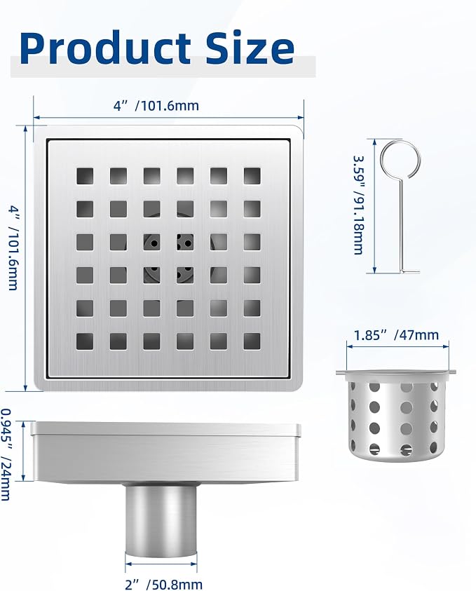 4 Inch Shower Drain, Modern 304 Stainless Steel Square Shower Drain for Bathroom, Brushed Nickel Shower Floor Drain with Grate Removable, Hair Strainer