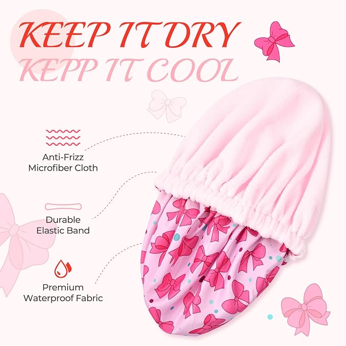 Aileam Pink Bow Shower Cap for Women, Terry Lined Bath Cap Large Reusable Waterproof Shower Hair Cap for Long Thick Hair