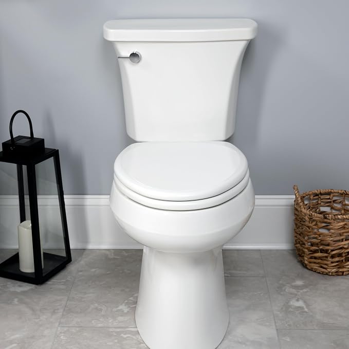 Mayfair Linden Slow Close Toilet Seat, Non Slip Heavy Duty Wood, Easy Install, Made in USA, Round, White, 2 Pack