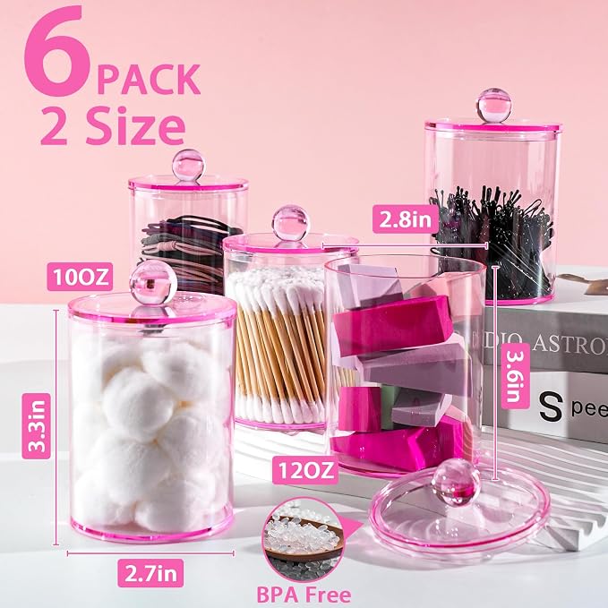6 Pcs Acrylic Qtip Holder, Cotton Ball Holder Jars with Lids, Pink | Apothecary Jars for Cotton Swabs, Balls, Pads and Floss Picks, Bathroom Vanity Organizer