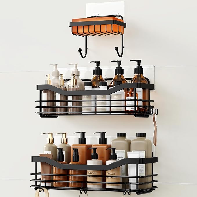 Orimade Shower Caddy Basket Shelf,3-Pack Adhesive Shower Organizer with Soap Dish Holder, No Drilling Wall Mounted Rustproof Stainless Steel Shower Shelves with 7 Hooks,for Bathroom,Matt Black