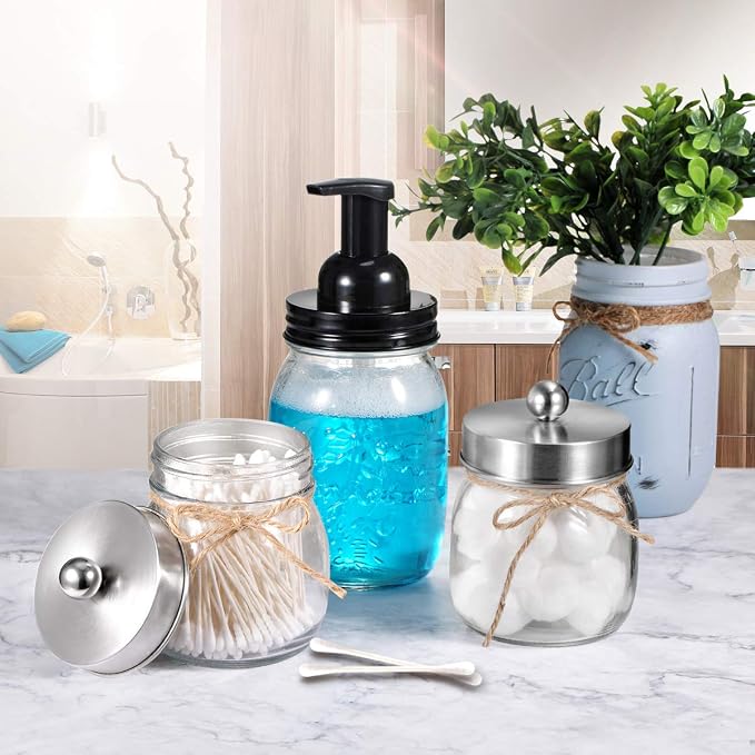 SheeChung Glass Mason Jar Qtip Holder, Brushed Nickel Stainless Steel Lid | Clear Apothecary Jar Canisters Set,Bathroom Jar Dispenser,Vanity Storage Organizer for Cotton Swab,Ball,Floss,Farmhouse Decor