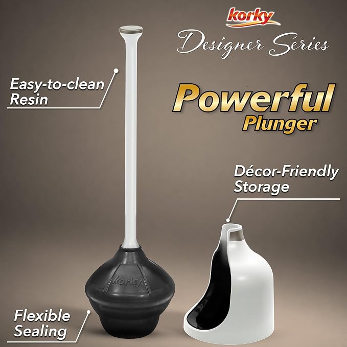 Korky White Toilet Plunger and Holder – Fast Clog Removal - Made in USA