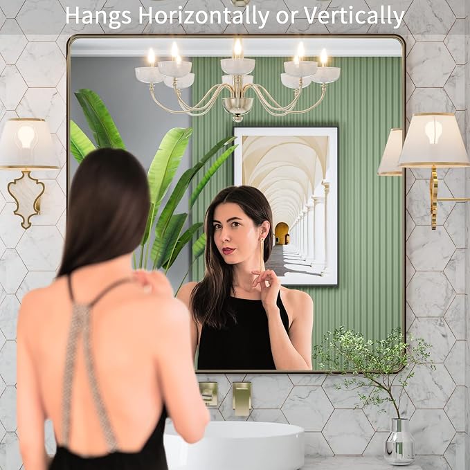 LOAAO 36"X36" Bronze Bathroom Mirror | Rounded Rectangle, Brushed Bronze Metal Frame, Anti-Rust, Tempered Glass, Hangs Horizontally or Vertically