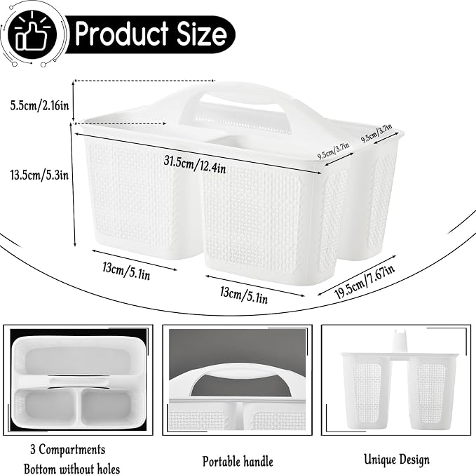 NINU Plastic White Shower Caddy Basket, Divided Cleaning Portable Shower Basket with Handle Compartments Storage Organizer for Bathroom, College, Kitchen, Dorm Room Essentials