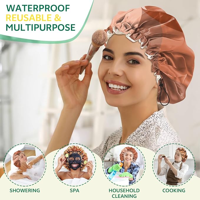 2 PCS Shower Cap Waterproof Double Layer Elastic Adjustable Reusable Hair Bath Caps for Girls Women Cute Aesthetic-Red