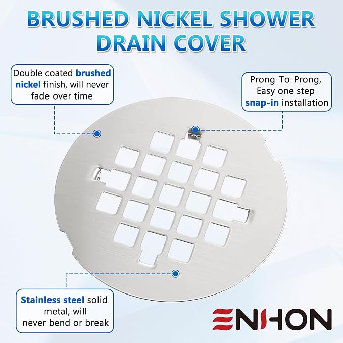 Enhon 2 Pack 4-1/4 Snap in Shower Drain Cover, Round Strainer Drain Grid, Bathroom Shower Grate Cap Replacement for Hair Catcher(Brushed Nickel,Stainless Steel)
