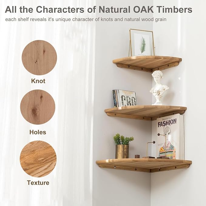 Corner Shelves, Floating Corner Shelf, Set of 2 Solid Oak Wood Wall Shelves, Round End Wall Mount with Wire Hole Shelving for Small Plant for Bedroom Kitchen, Living Room 8.7“