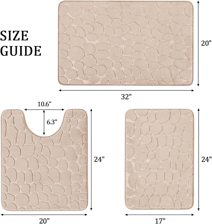 YIHOUSE Bathroom Rugs Mat Set, Memory Foam Bath Mat 3 Piece Khaki | U Shape+Small Mat, Non Slip, Water Absorbent, Washable, Bath Mat For Bathroom, Sink and Toilet