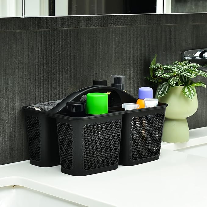 NINU Plastic Black Shower Caddy Basket, Divided Cleaning Portable Shower Basket with Handle Compartments Storage Organizer for Bathroom, College, Kitchen, Dorm Room Essentials