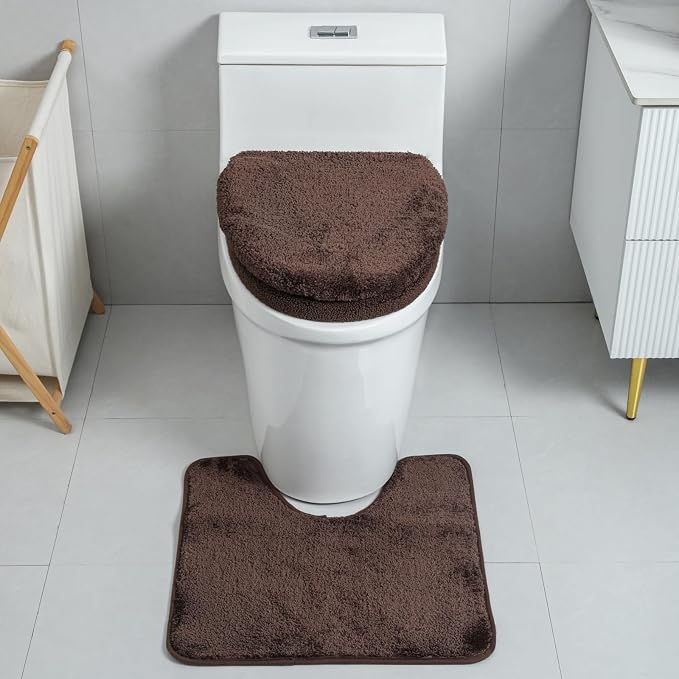 3piece Toilet Seat Cover Set - Toilet Seat Cover +Toilet Lid Cover + toilet rugs u shaped washable, Fits Most Elongated Round and Oblong Toilet,(Machine Washable,Quick-Dry) coffee