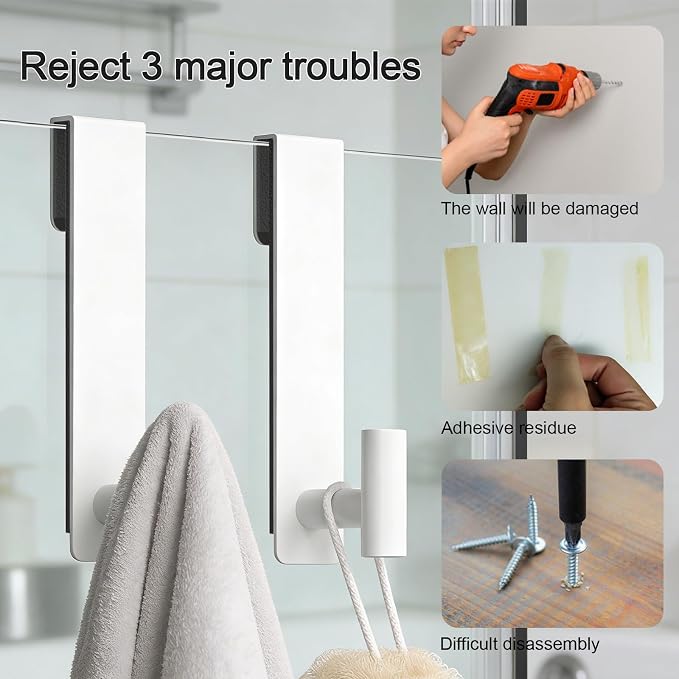 PMMASTO Shower Door Hooks, (7.5 Inch) Extended Towel Hooks for Bathroom Frameless Glass Shower Door, Stainless Steel Heavy Duty Hooks (White, T Shape-Fits 3/8" Thick Door)