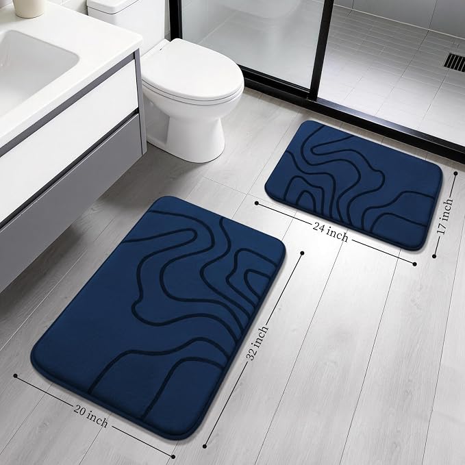 YIHOUSE Memory Foam Bathroom Rugs Sets 2 Piece, 32"x20"+24"x17", Dark Blue | Ultra Soft, Extra Thick Bath Mat, Absorbent, Non-Slip, Machine Washable, For Tub, Shower & Home Decor Accessories