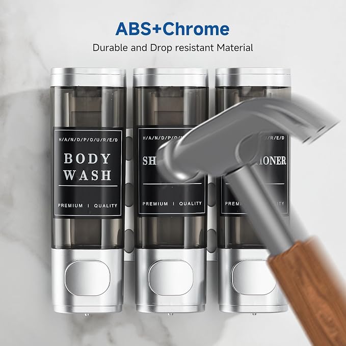 Shampoo and Conditioner Dispenser, Shower Soap Dispenser Wall Mounted, Shampoo Dispenser for Shower Wall No Drill, Bathroom Body Wash Dispenser 3 * 350ml Silver 3 Chamber