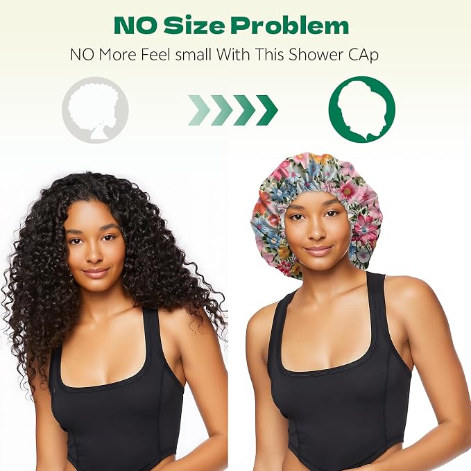 2 PCS Shower Cap Waterproof Double Layer Elastic Adjustable Reusable Hair Bath Caps for Girls Women Cute Aesthetic-Floral 1