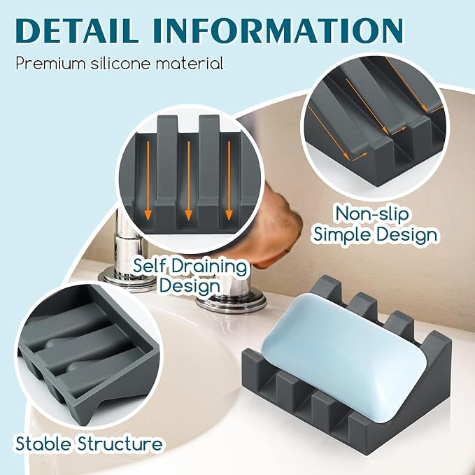 Silicone Soap Dish Self Draining with Suction Cups (Gray, 2 Pack) | Waterfall drainage design drains fast to keep soap dry silicone soap saver with reusable suction cups for bathroom & kitchen
