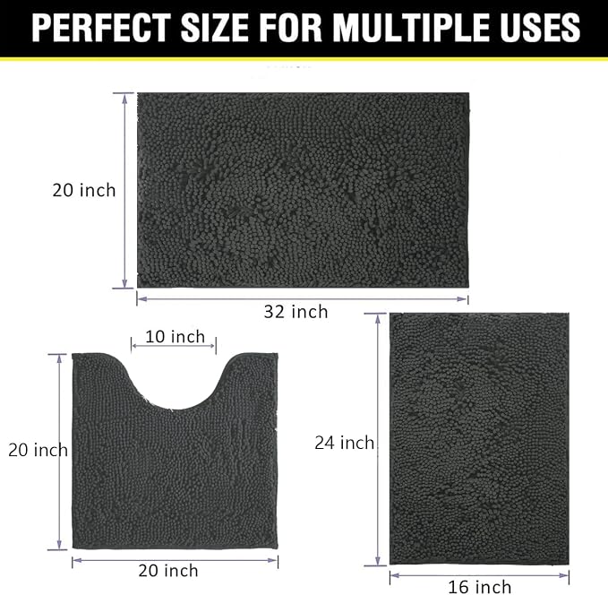 BOANKODU Bathroom Rugs Chenille Bath Mat Set 3-Piece Bath Rugs for Bathroom Extra Soft Bath Mats for Bathroom Non Slip Absorbent Shag Machine Washable, Strong PVC Underside (Grey)