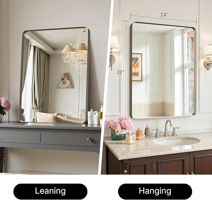 32"x24"Bathroom Vanity Mirror for Wall Aluminum Framed Farmhouse Rectangle | Anti-Rust, HD Reflection Anti-Desilvering, Distortion Free, Tempered and Shatter-Proof Wall Mounted Mirror, Brushed Nickel