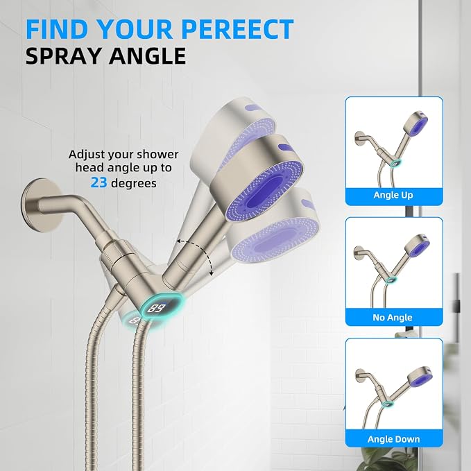 Hibbent Upgraded Metal Shower Head Holder with LED Display Shower Thermometer, Adjustable Shower Arm Mount for Handheld Shower Head, Universal Shower Head Bracket, Solid Brass Ball, Brushed Nickel