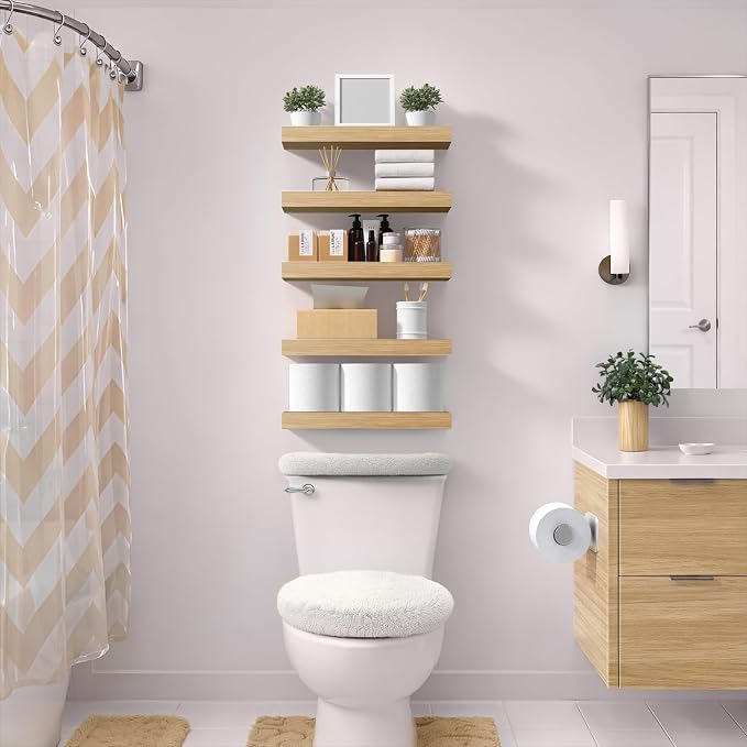 Sorbus Floating Shelves for Wall – 16 Inch Floating Shelf for Kitchen, Bedroom, Living Room, Bathroom, Home & Wall Decor - Mounted Bathroom Shelves with Invisible Brackets (Maple Wood, 3 Pack)