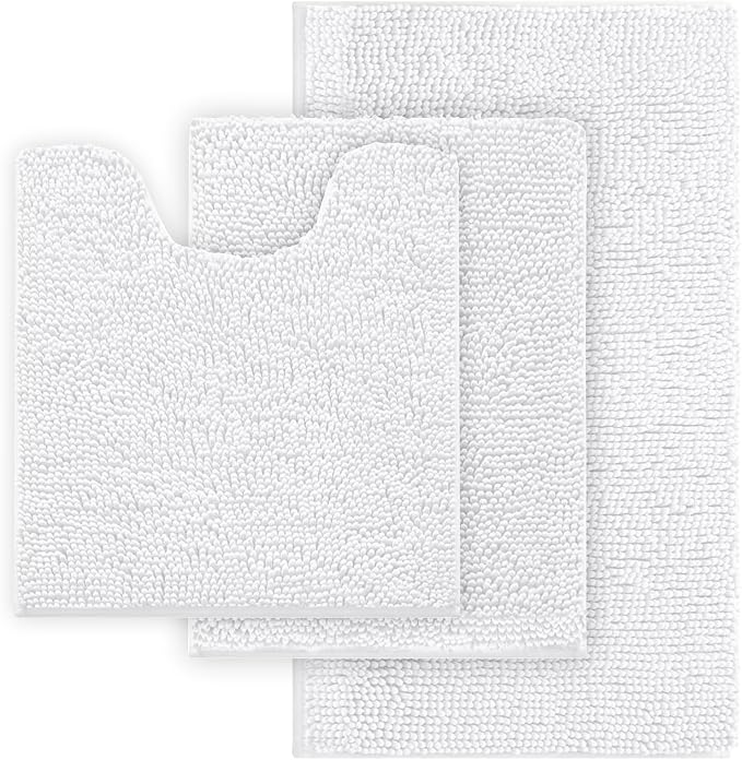 White Bathroom Rugs Chenille Bath Mat Set 3 Piece, Extra Soft, and Absorbent Shaggy Rugs, Machine Wash and Dry, Perfect Plush Carpet Mats for Tub, Shower, Bathroom Rug Mats