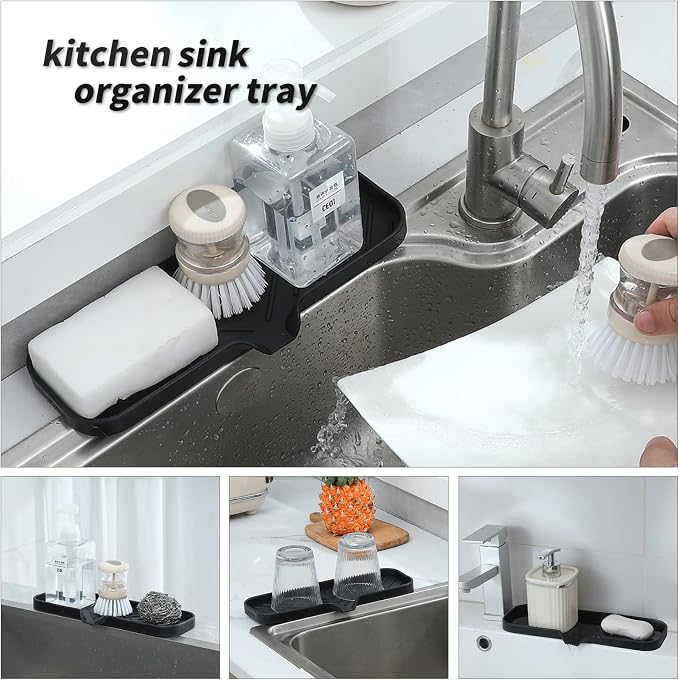 MicoYang Silicone Soap Dish with Drain Spout — Self-Draining Double Sink Organizer Tray for Kitchen & Bathroom, Dispensers, Sponges & Soap Holder, Non-Slip & Dishwasher Safe, Black (Large, 12"×4")