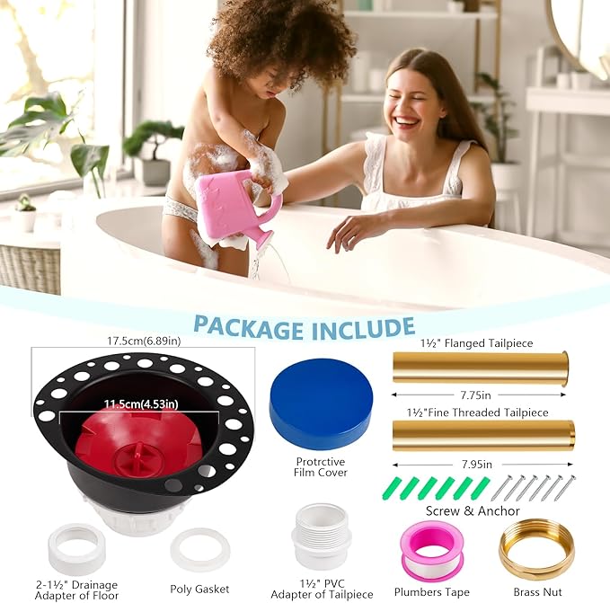 Freestanding Tub Drain Rough-in Kit, Bathtub Drain Kit with PVC Adapter & Brass Tail Pipes,Free Standing Tub Drain Kit, Suitable for All Freestanding Bathtub, Floor-Mounted, and Copper Bathtubs