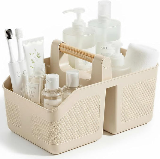 rejomiik Shower Caddy Portable with Bamboo Handle, Plastic Basket Cleaning Caddy Organizer Storage Tote for Bathroom, College, Dorm Room Essentials, Cream