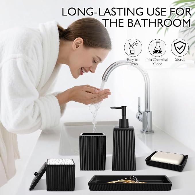 XLHOMO Bathroom Set - Black Bathroom Accessories Set, 5PCS Ceramic Bathroom Accessory Set, Bathroom Sets with Soap Dispenser, Toothbrush Tumbler, Soap Dish, Q-tip Holder & Vanity Tray