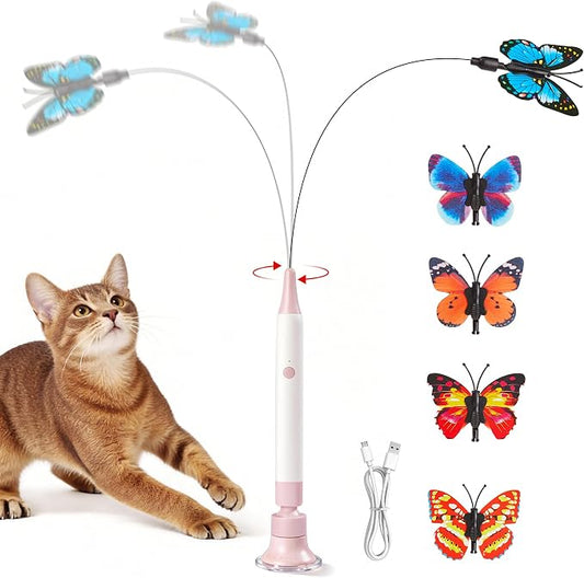 Potaroma Interactive Spinning Butterfly Cat Toy Wand, Rechargebale | Automatic Self-Play & Handheld Mode, Electric Touch Activated Cat Teaser with Suction Cup for Indoor Kittens