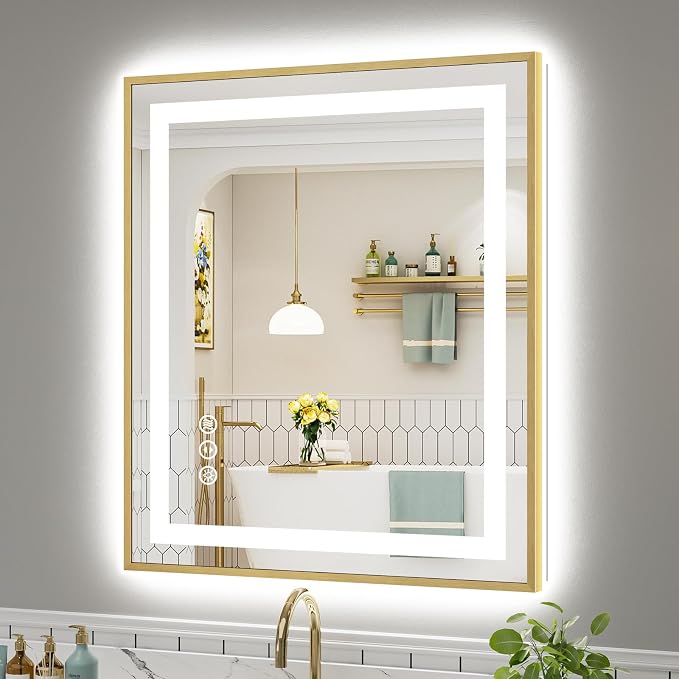36x30 Inch LED Bathroom Mirror with Gold Frame, Backlit & Front Lit | Anti-fog, 3 Color Dimmable, Memory Function, HD Reflection Tempered Glass, ETL Listed, IP54 Waterproof